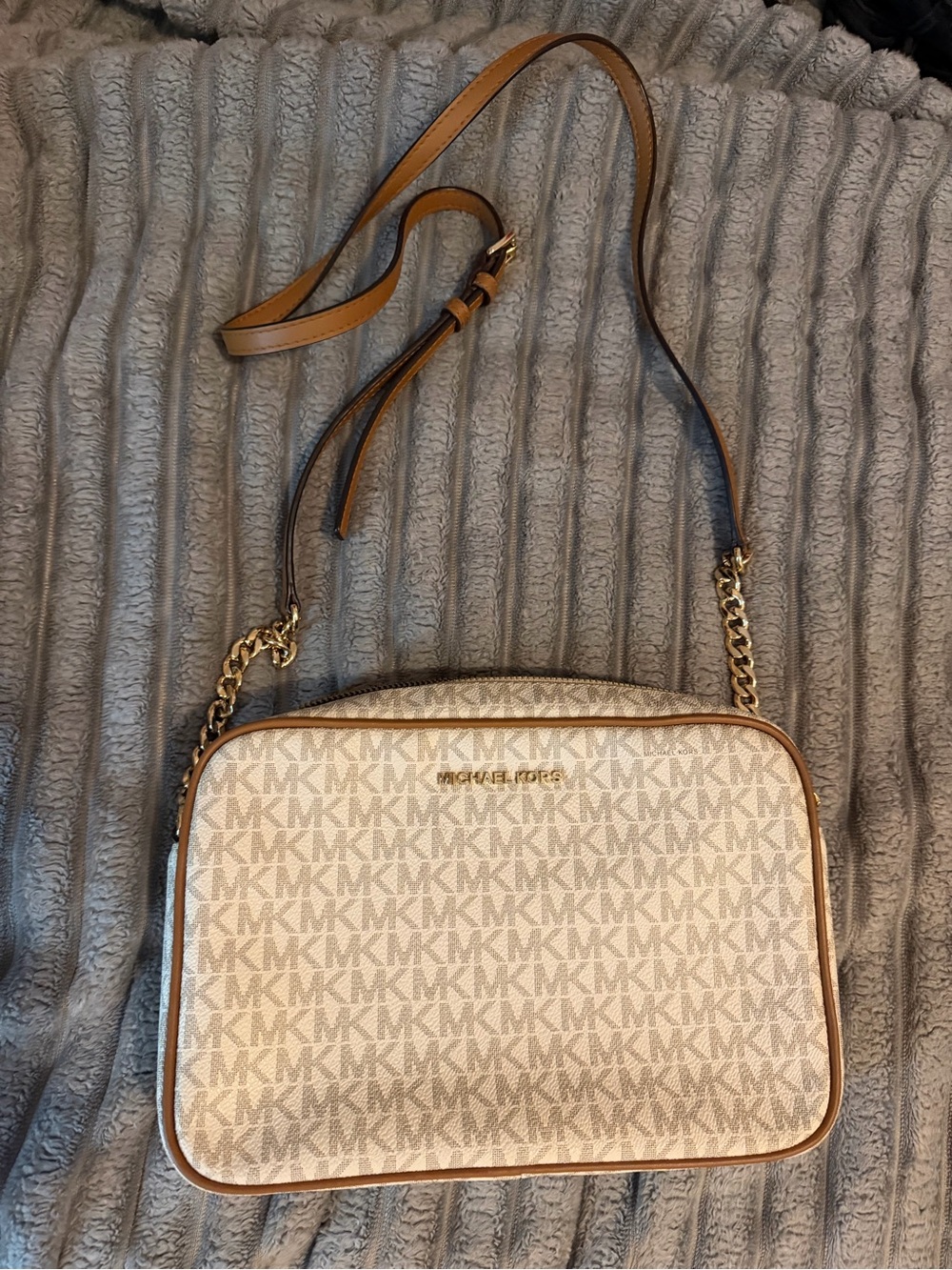 Michael Kors Beige and Camel MK Signature Crossbody Bag
